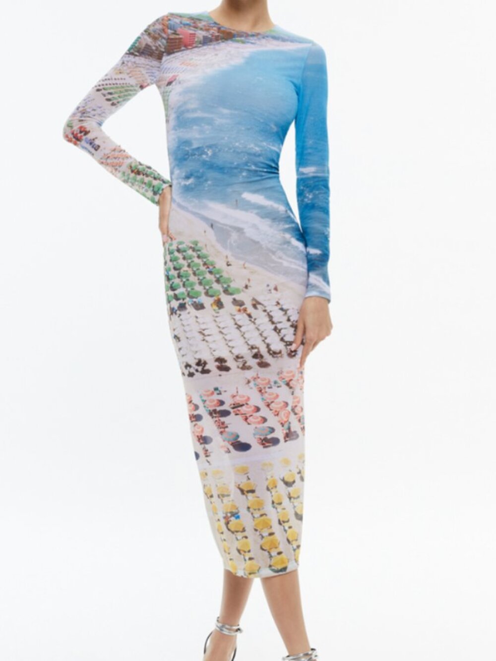 Alice + Olivia Whispering Waves Delora Long-sleeve midi dress with Beach Print